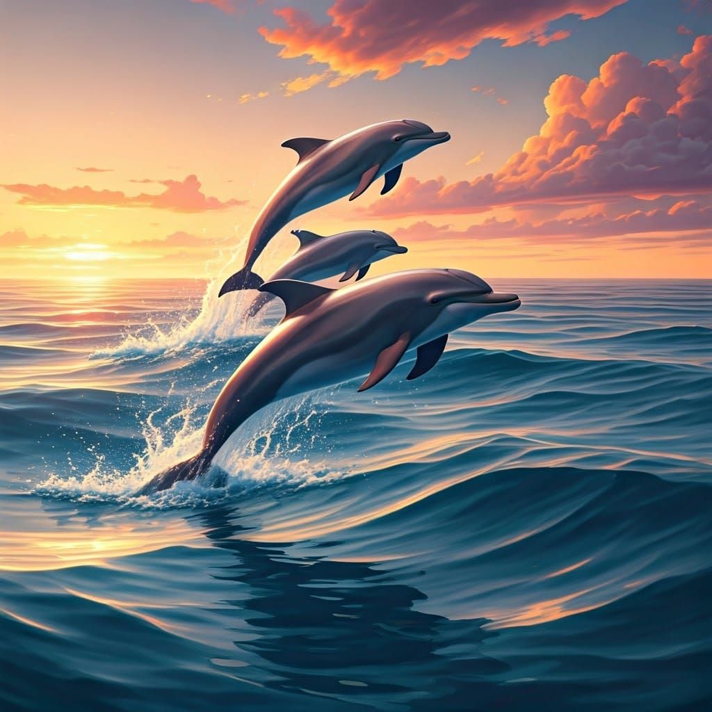 Dolphins Leaping at Sunset: Impressionistic Ocean Scene