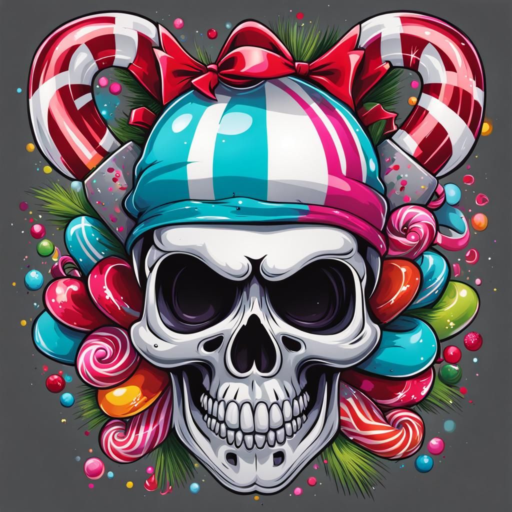 Colorful Christmas Skull Graffiti Art with Candy Canes