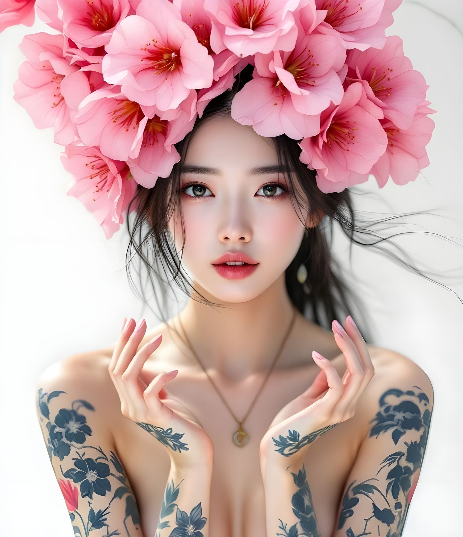 Korean Woman with Tattoos in Woodblock Print Style