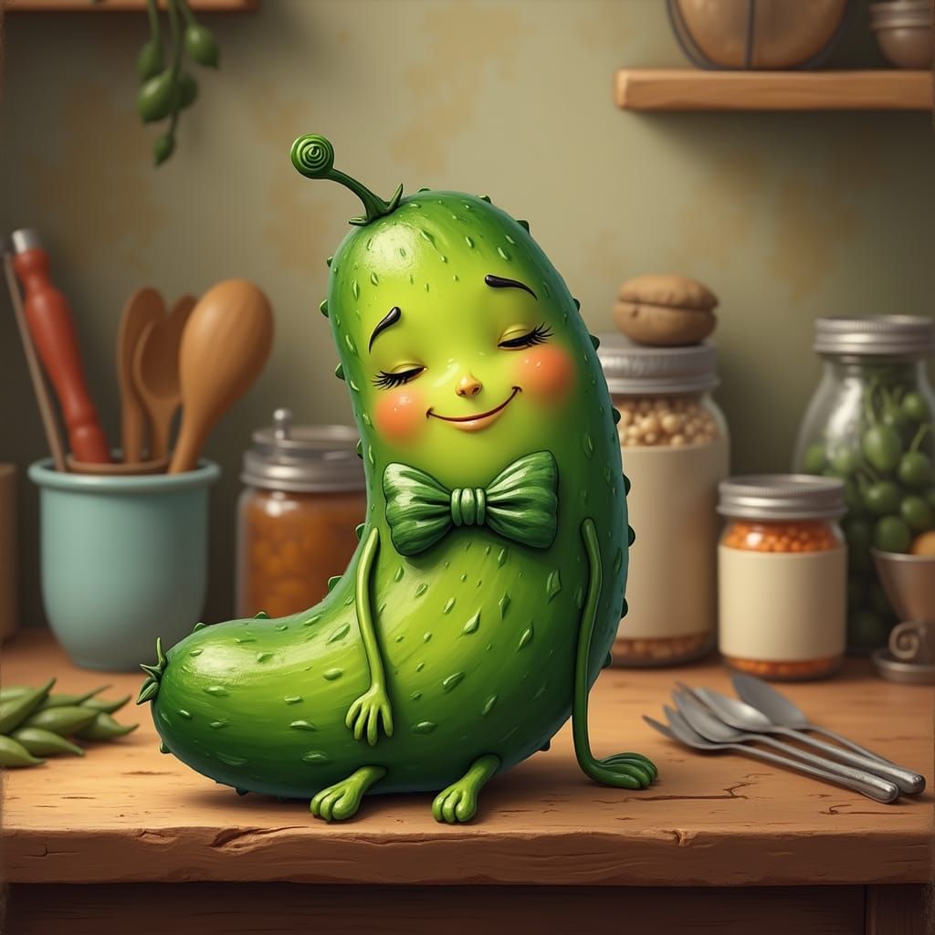 Whimsical Pickle Character in Storybook Illustration Style