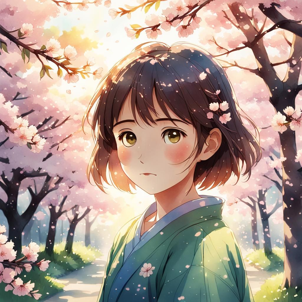 Serene Girl Surrounded by Cherry Blossoms in Anime Style