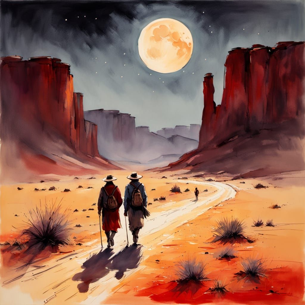 Desert Travelers Under Moon in Impressionist Gouache