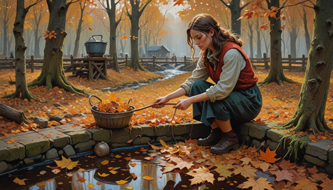 Girl Drawing Miniature Autumn Scenes in Oil Painting Style