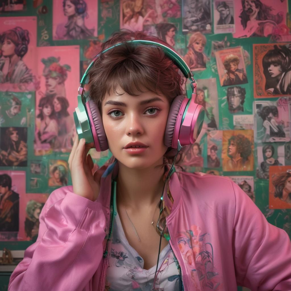 80s Girl Listening to Music, Painterly Splash Art