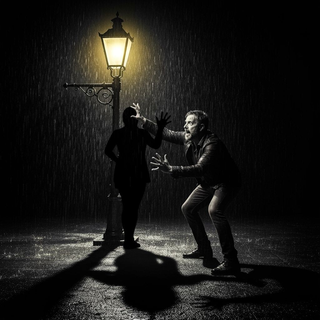 Terrified Man Faces Shadow in Rainy Dark: Macabre Drama