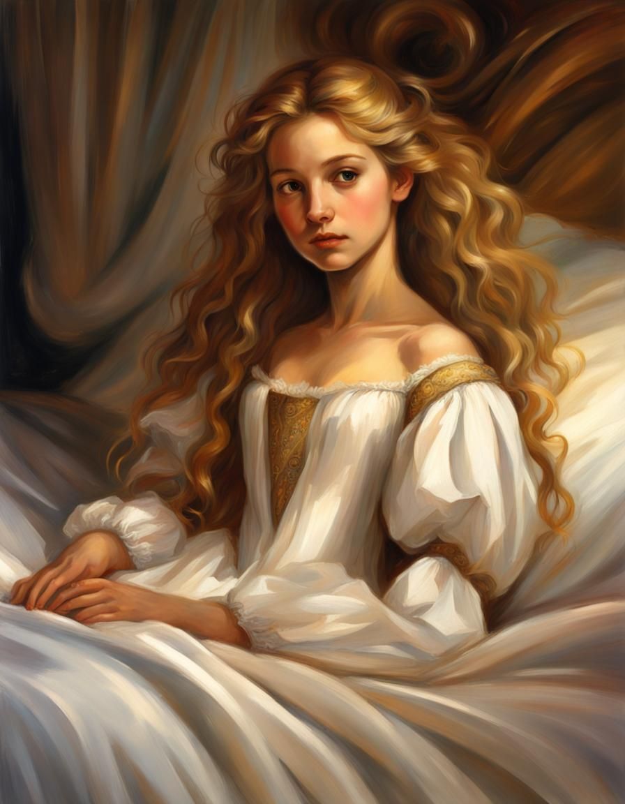 Renaissance Girl with Golden Hair on Giant Bed