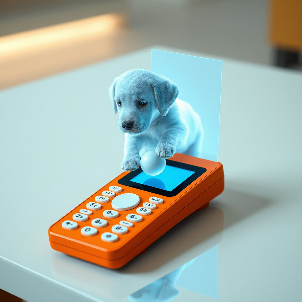 Retro-Futuristic Hologram Phone with Labrador Puppy