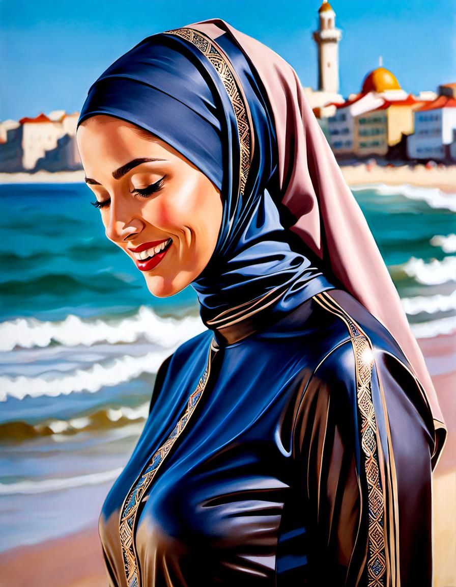 Smiling Woman in Burkini on Beach, Realistic Portrait