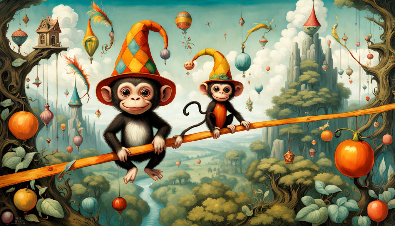 Whimsical Monkey Tightrope Walker in Vibrant Colors