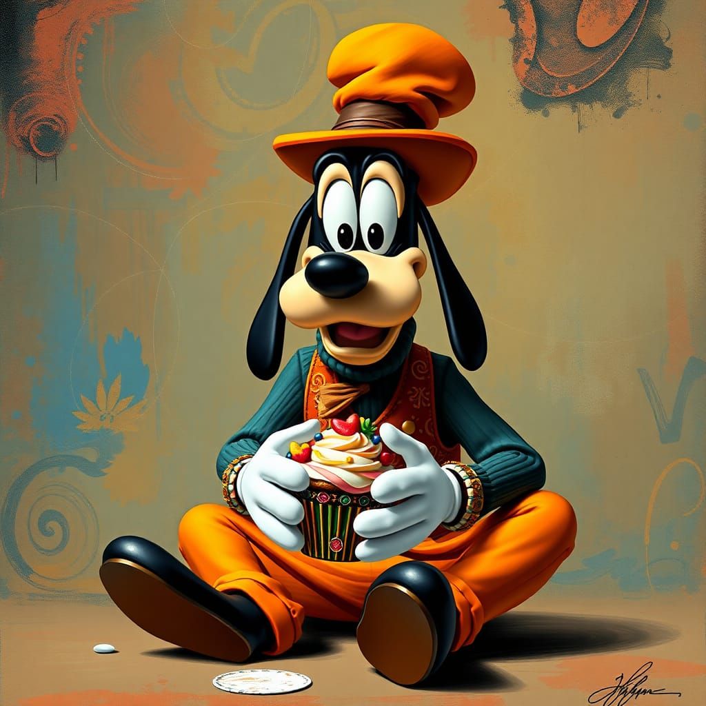 Goofy with Cupcake in Basquiat-Klimt Style