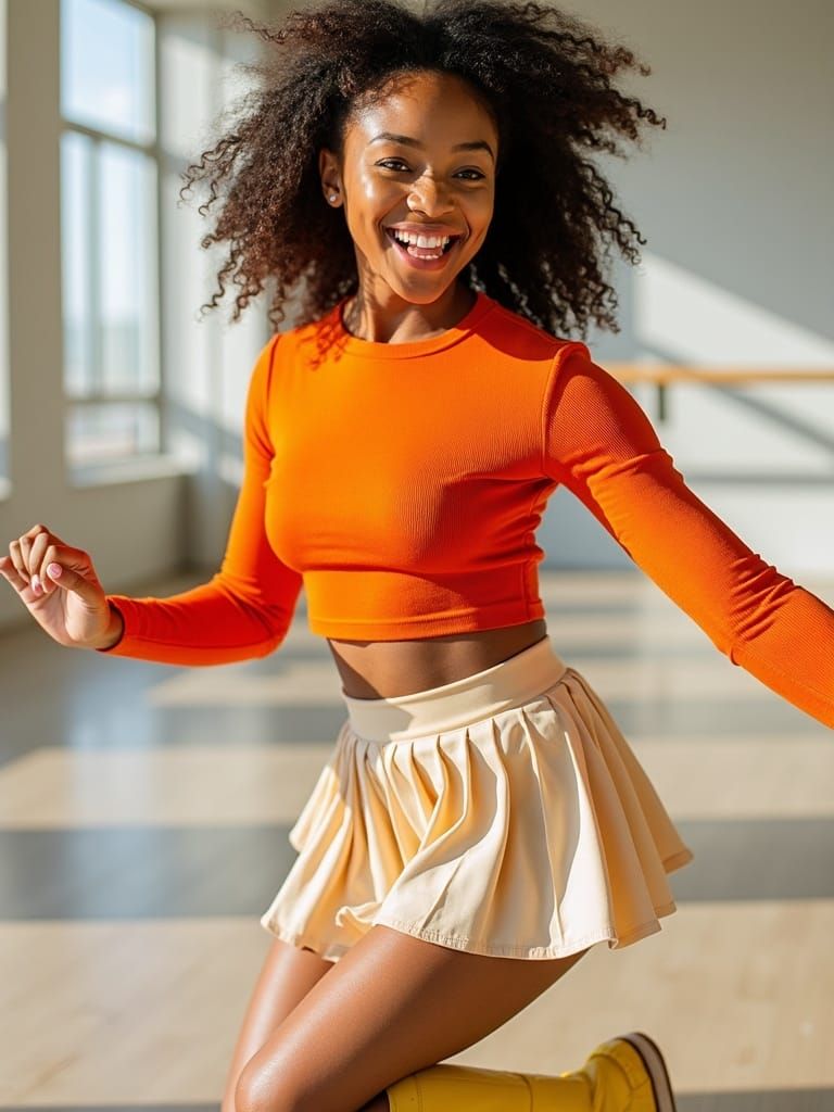 Young Woman Dancing in Bright Studio, Photo-Realistic Portra...