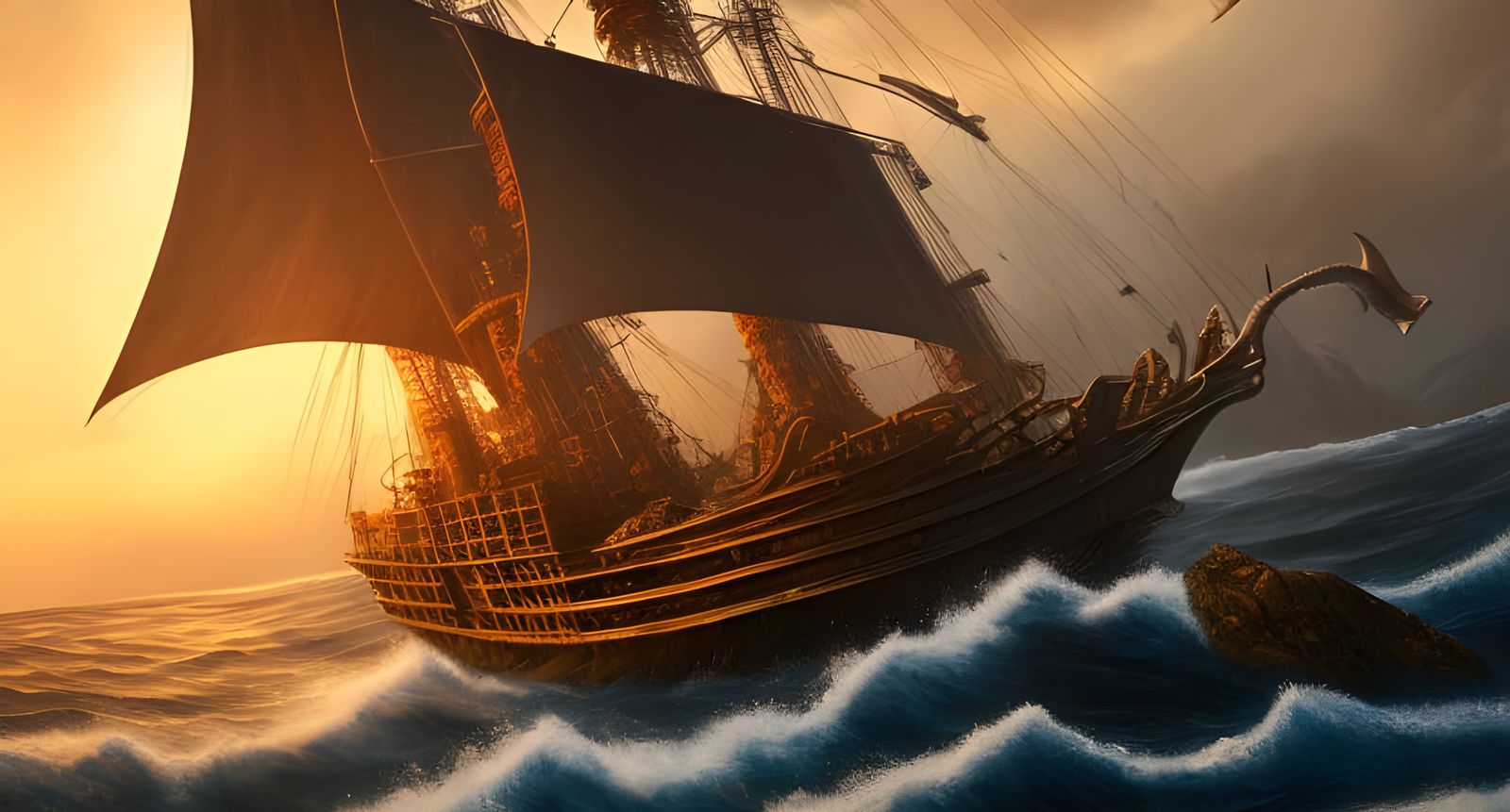 Black Sail Pirate Ship Seascape at Sunset