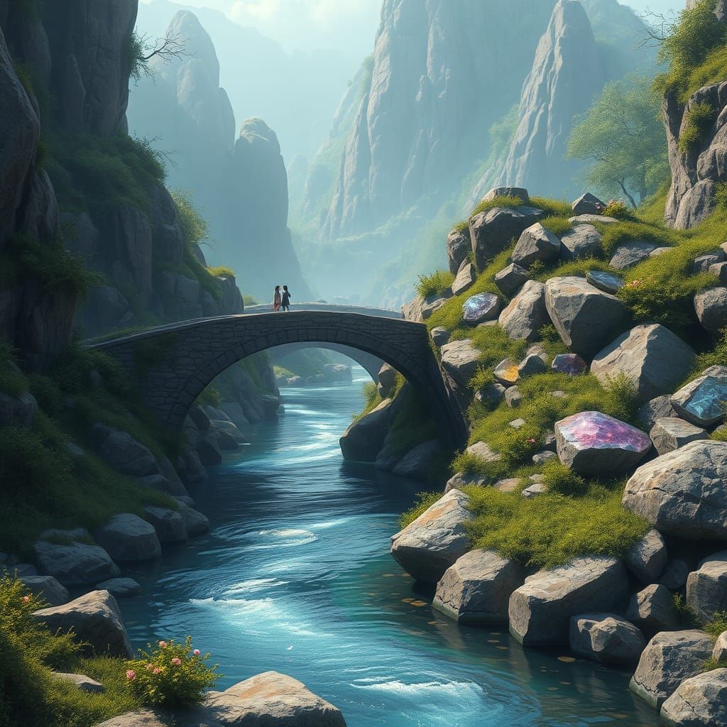 Mystical River Landscape with Stone Bridge