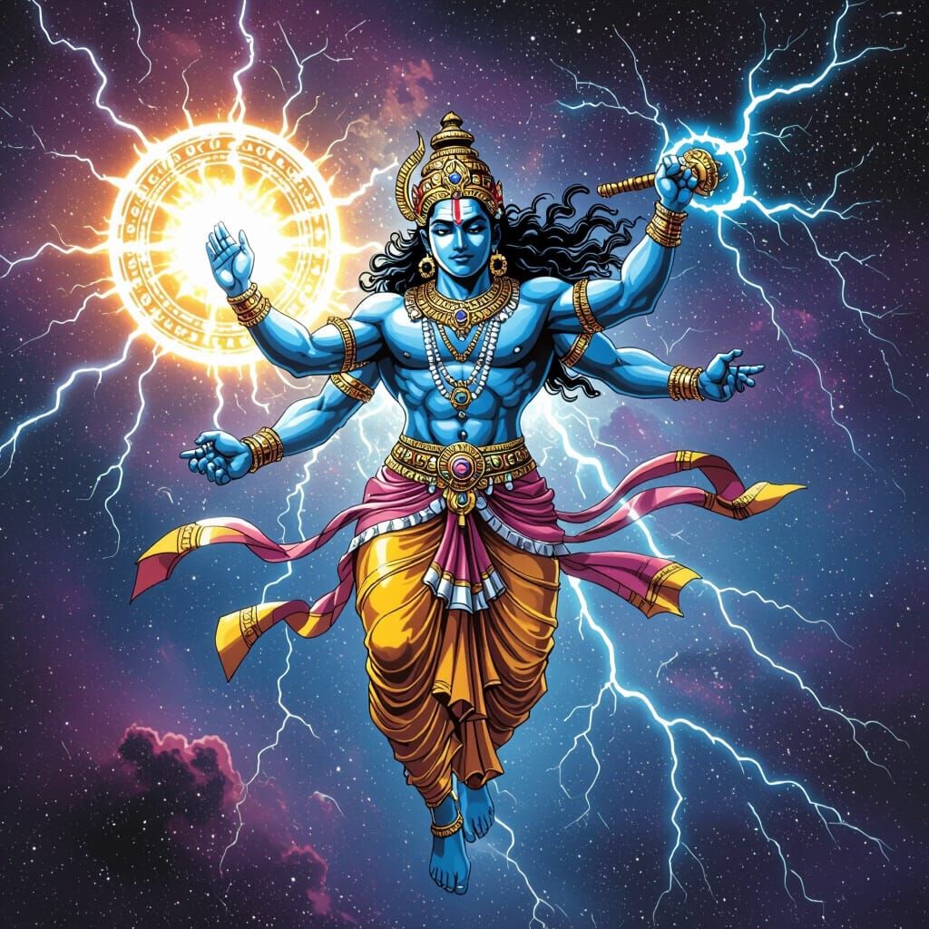 Lord Vishnu as Cosmic Superhero in Detailed Comic Book Style