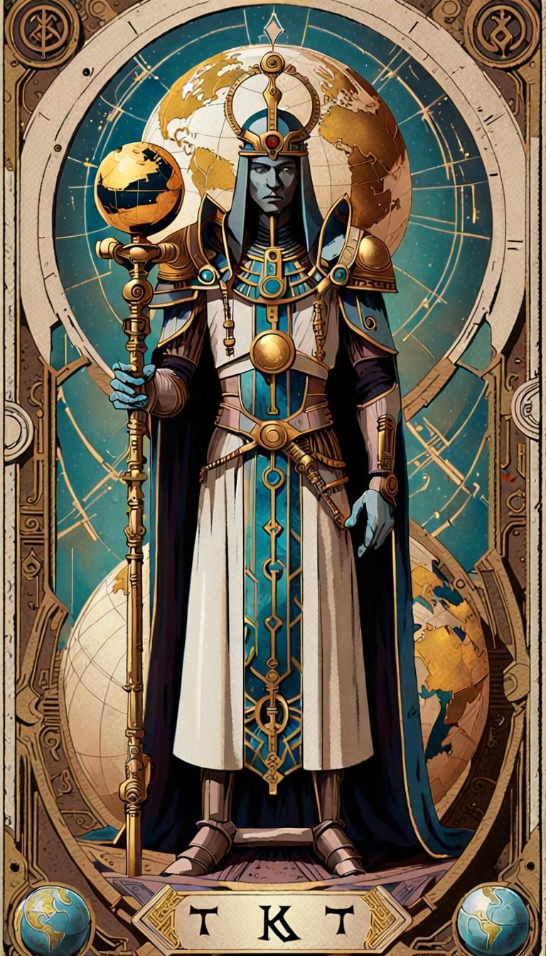 Cybernetic Emperor Tarot Card with Ankh Sceptre