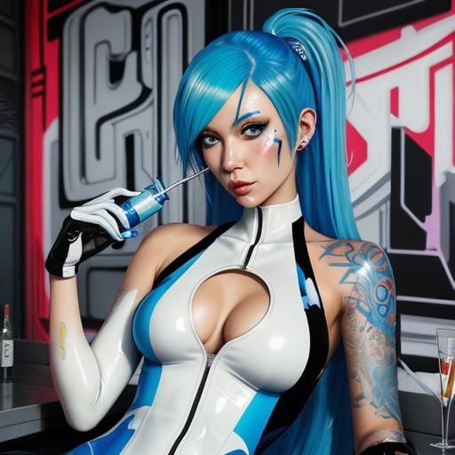 Girl at Futuristic Bar in Graffiti Art Style