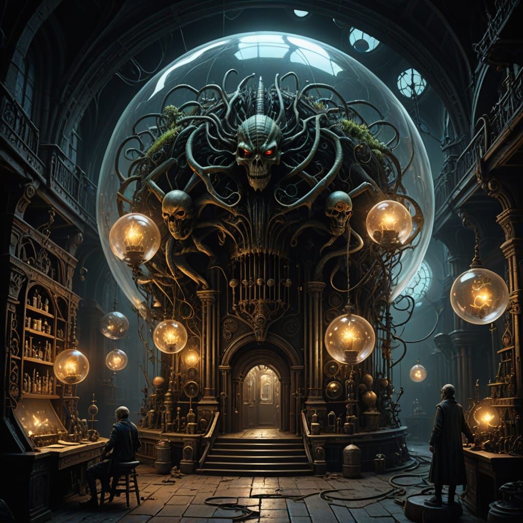 Goblin Mad Scientist in Bubble Lab: Steampunk Cyberpunk Fusi...