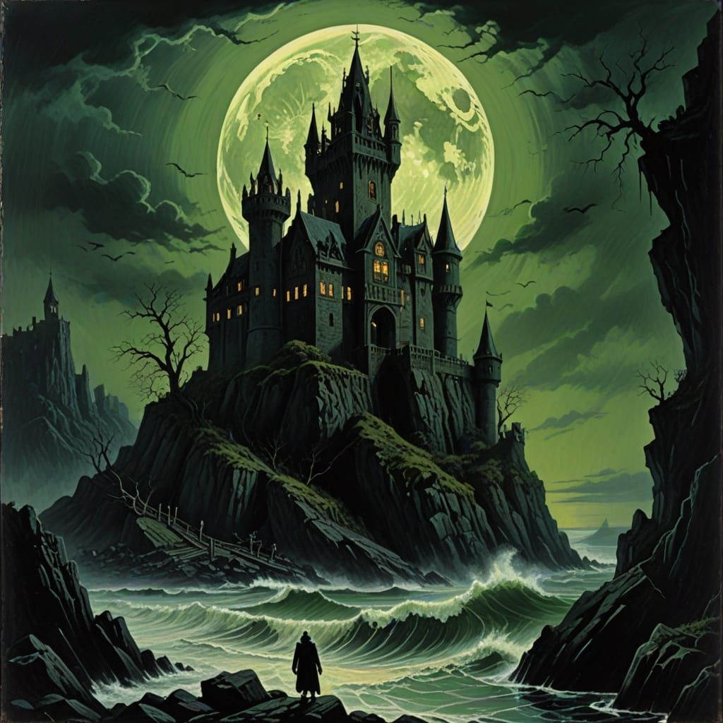 Gothic Castle on Stormy Sea: Vintage Horror Art