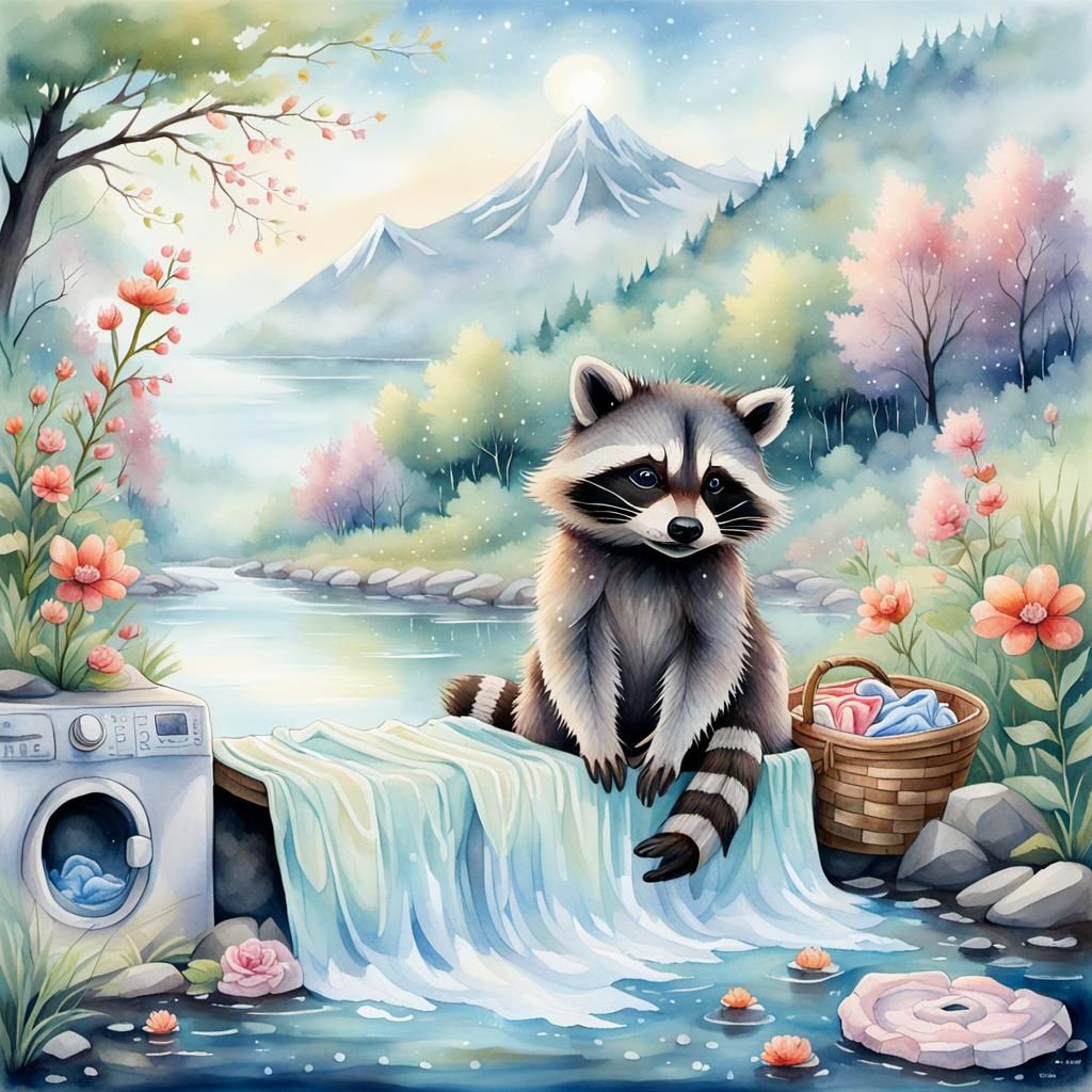 Happy Raccoon Laundry Day: Watercolor River Scene