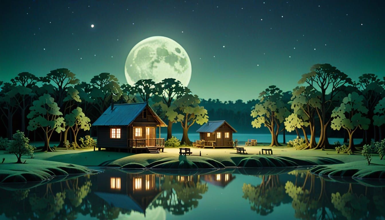 Moonlit Lake Shack in Kirigami Paper Art