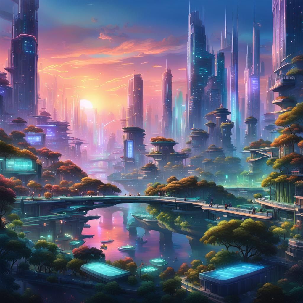 A futuristic cityscape where nature and technology harmoniously coexist.