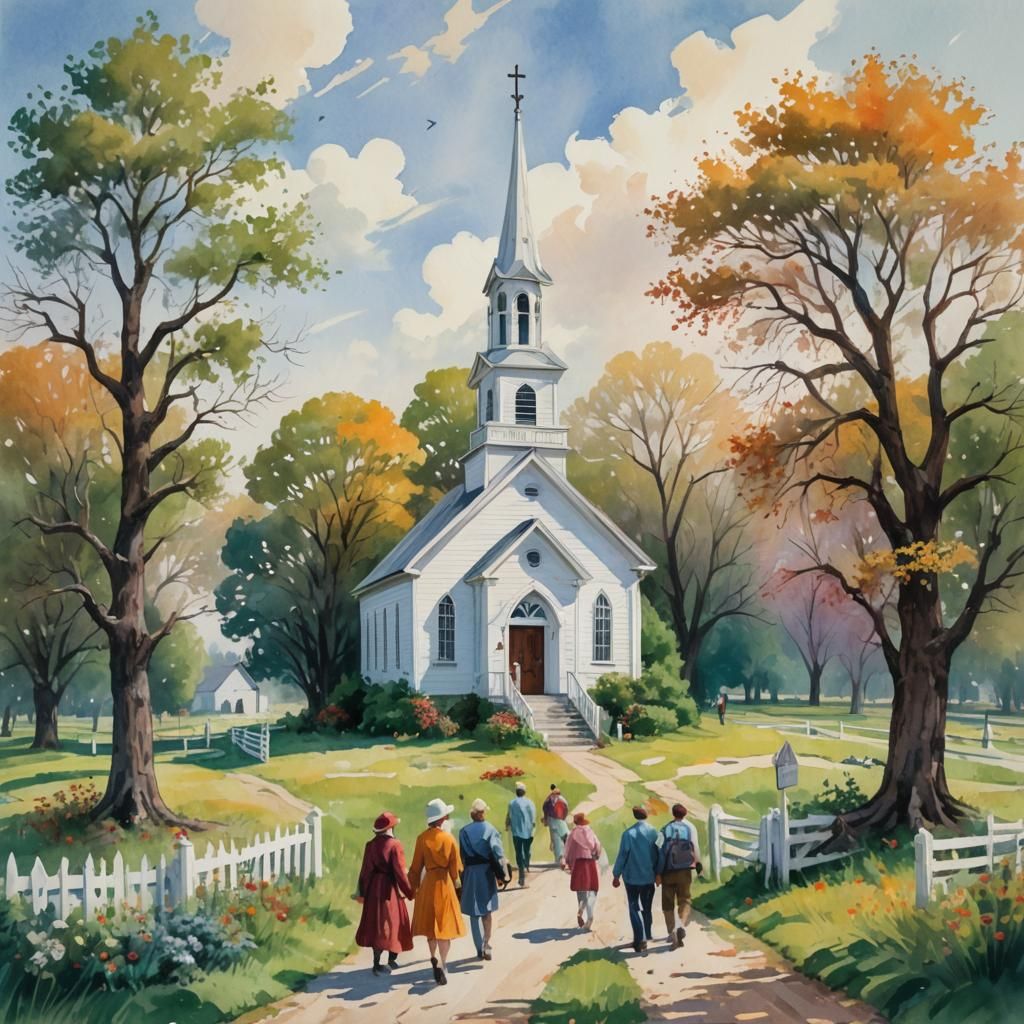 Country Church in Impressionistic Gouache Style