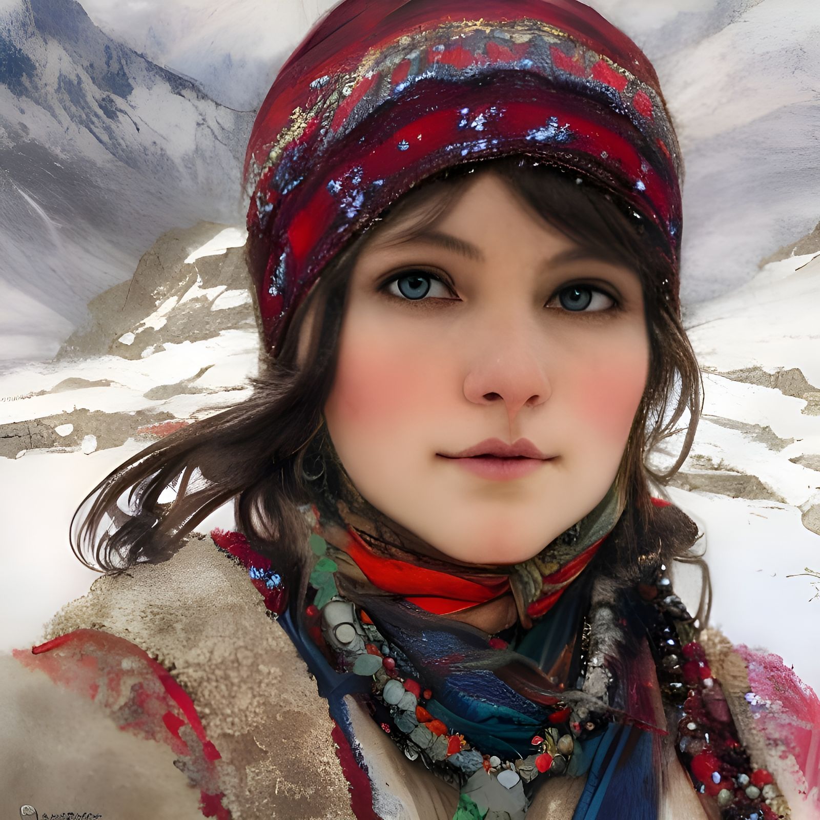 Festive Girl in the Himalayas, Pointillist Portrait