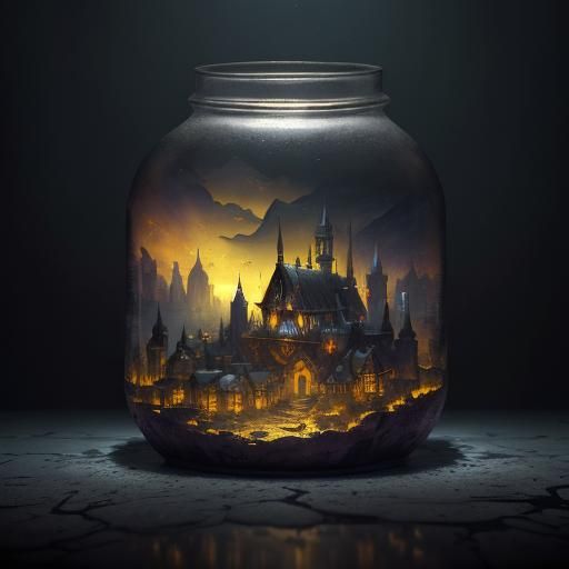 Tiny Towns Trapped in Jars: Dark Fantasy Art