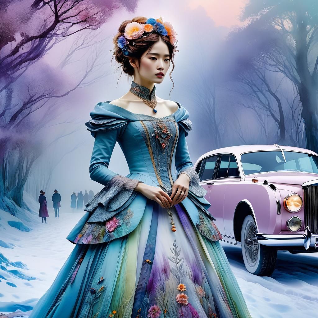 Victorian Woman in Snowy Landscape, as Digital Watercolor