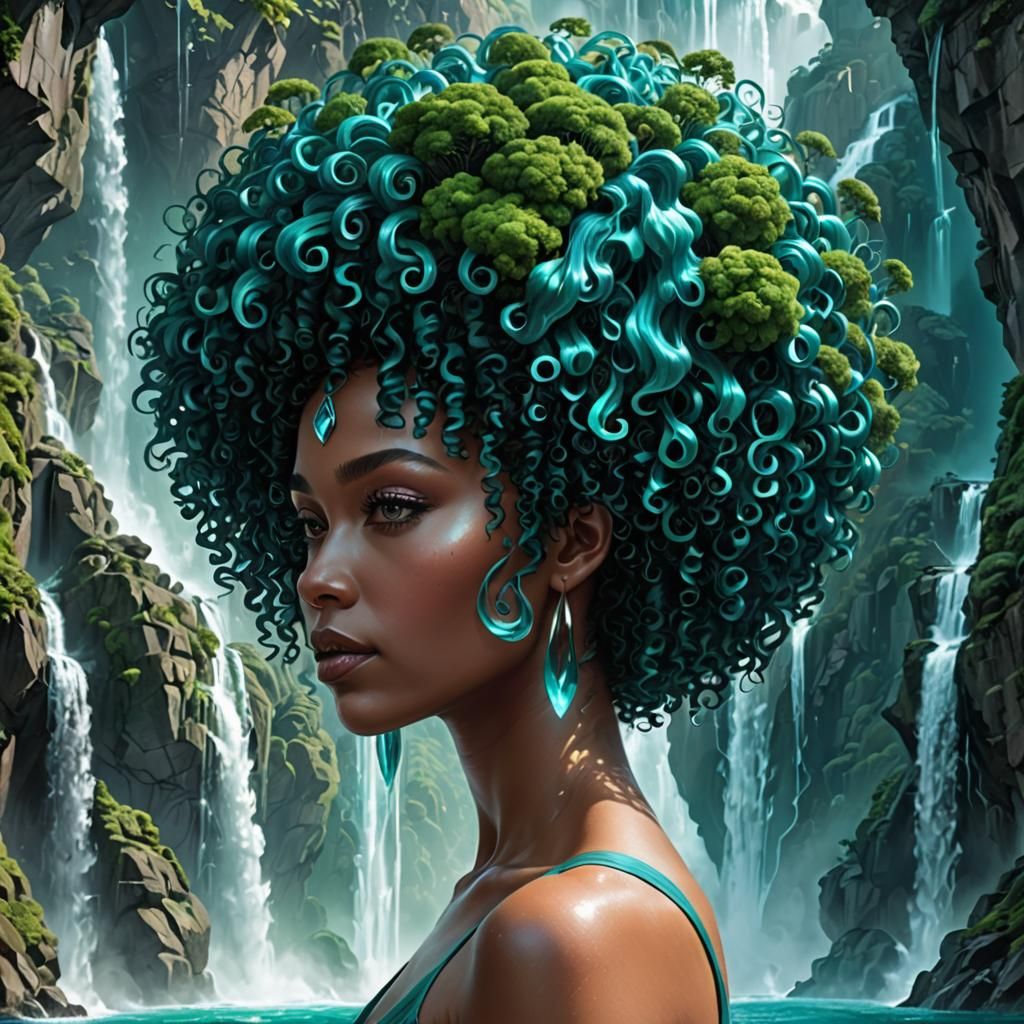 Teal Afro Waterfalls: Psychedelic Cityscape Portrait