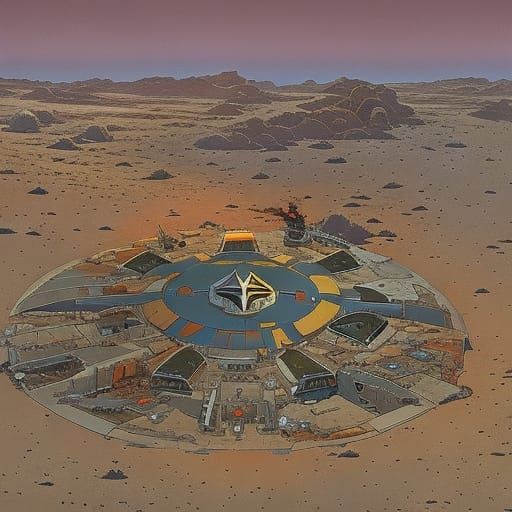 Wrecked Starship in Wasteland: Moebius-Inspired Art