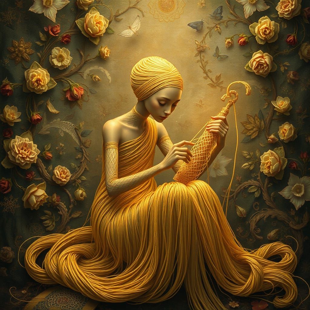 Mystical Goddess Weaves Fate's Golden Thread