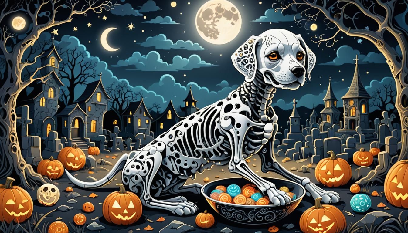 Skeleton Puppy with Ghostly Treats in Fractal Graveyard