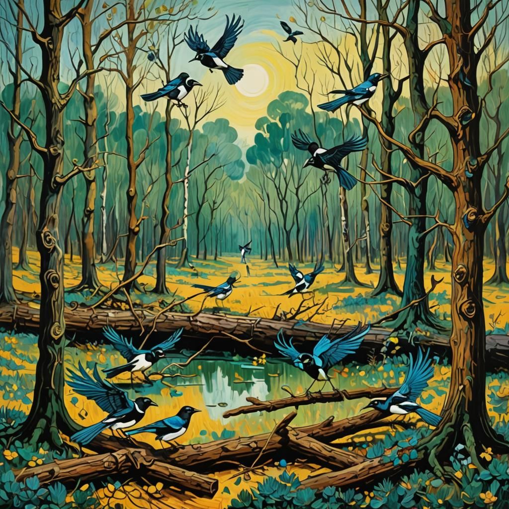 Magpies Fight Over Teeterboard in Impressionist Forest