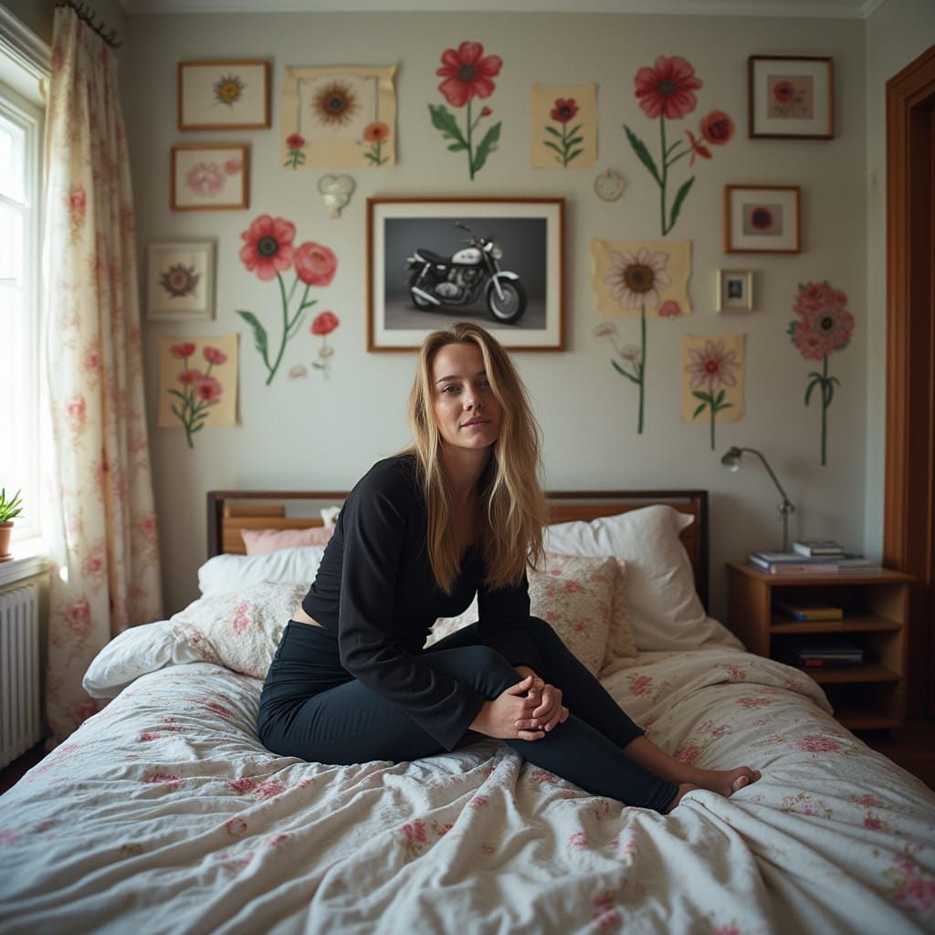 A Young Woman's Duality Reflected in a Whimsical Bedroom
