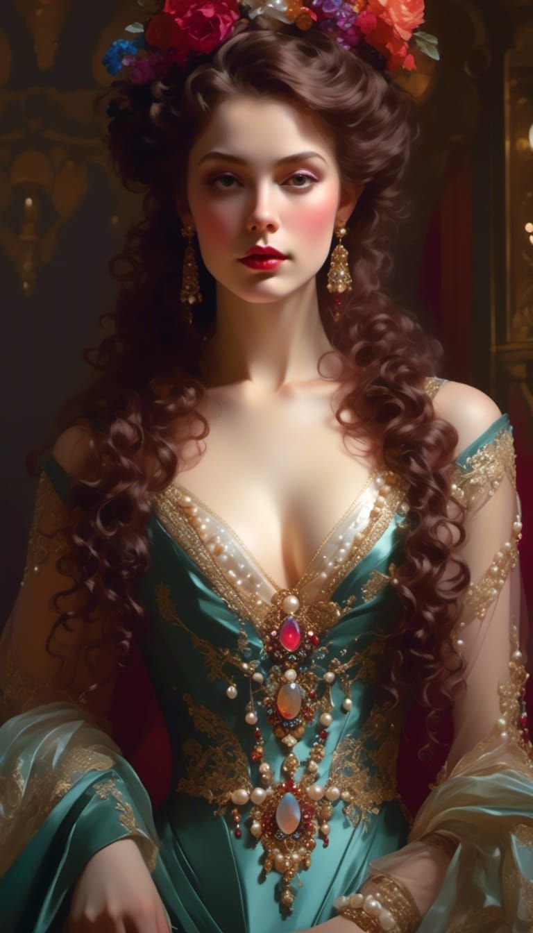 Rococo Lady in Pearls: Hyperdetailed Concept Art
