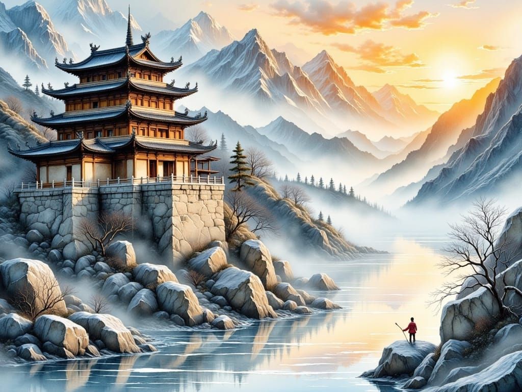 Shaolin Temple at Dawn in Frosty Valley
