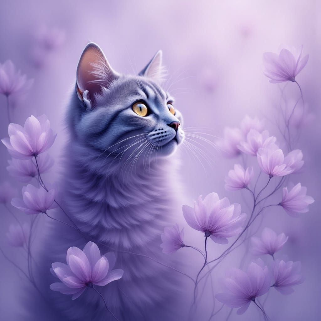 Ethereal Cat Lost in Thought in Dreamlike Lavender Mist