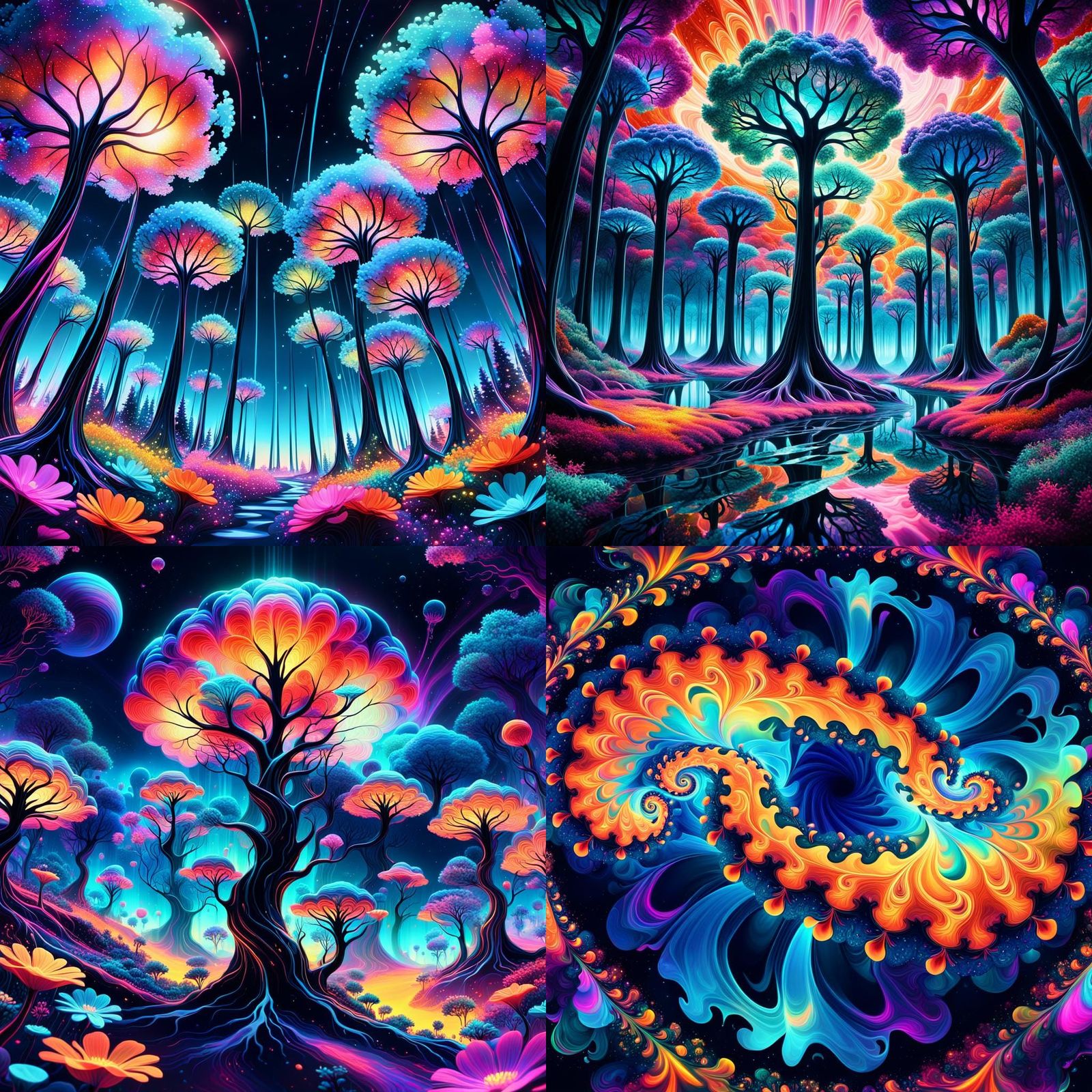 Kaleidoscopic Dreamscape with Neon Rivers and Fractals