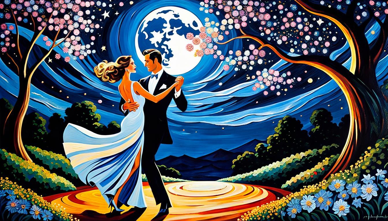 Tango Dancers Under the Moon: An Impasto Painting