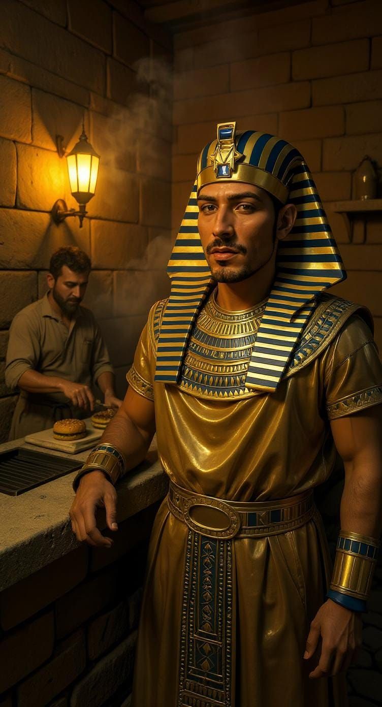 Pharaoh Vlogging in Ancient Egyptian Fast Food Shop
