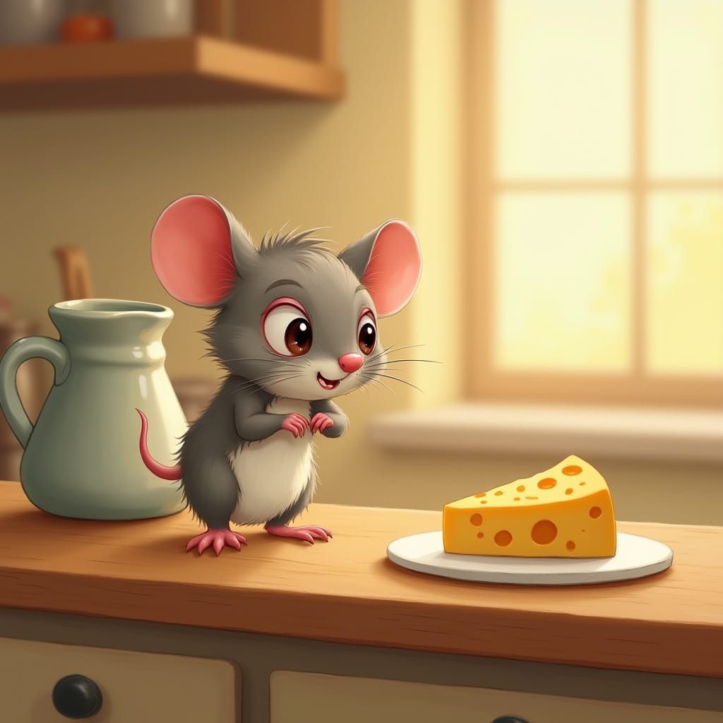 Shy Mouse and Tempting Cheese: A Whimsical Illustration