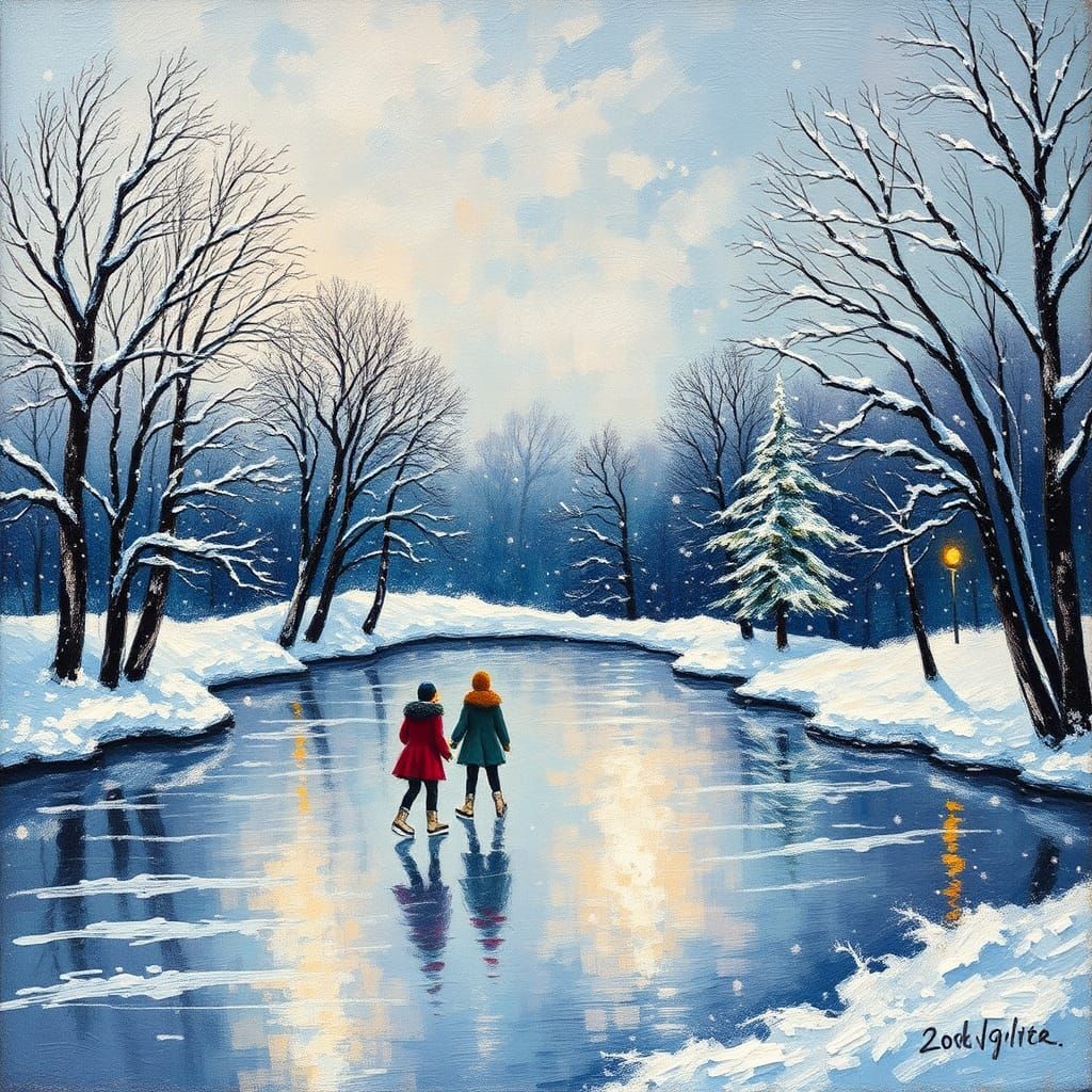 Ice Skaters on Frozen Pond in Impasto Style