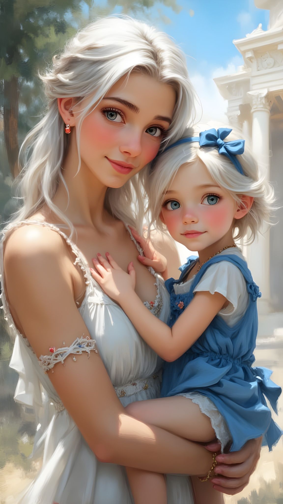 Mother and Daughter Embrace in Ancient City, Anime Style