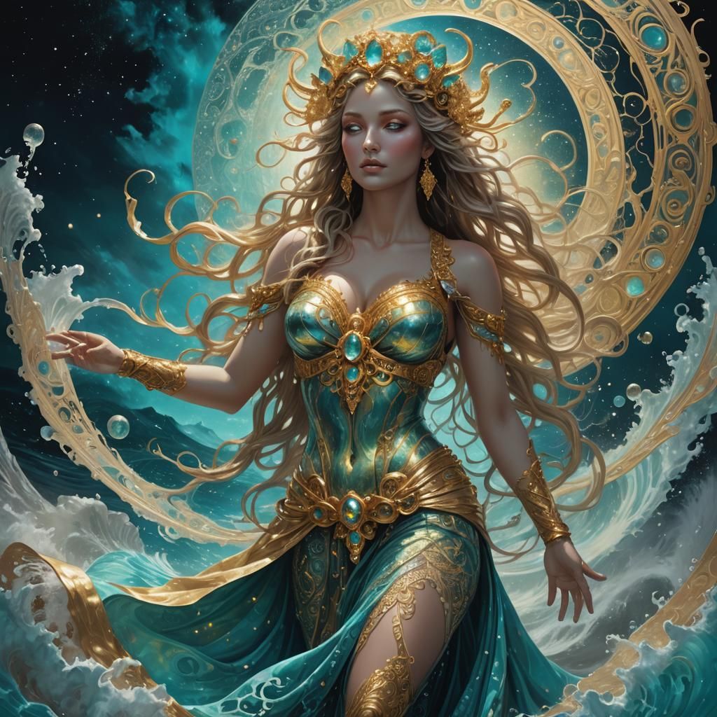 Goddess Emerges from Turquoise Depths in Moonlit Radiance