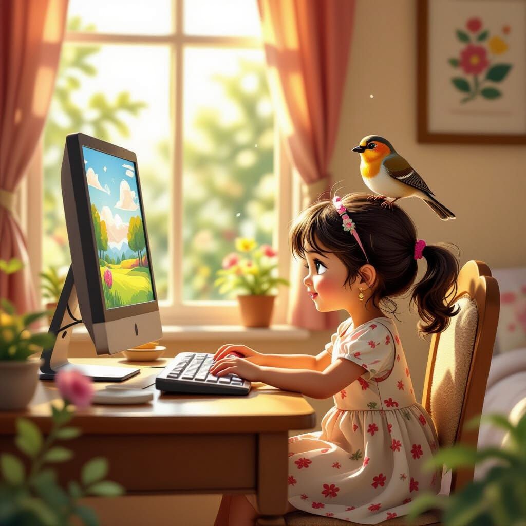Cute Indian Girl Plays Computer Game with Bird on Shoulder