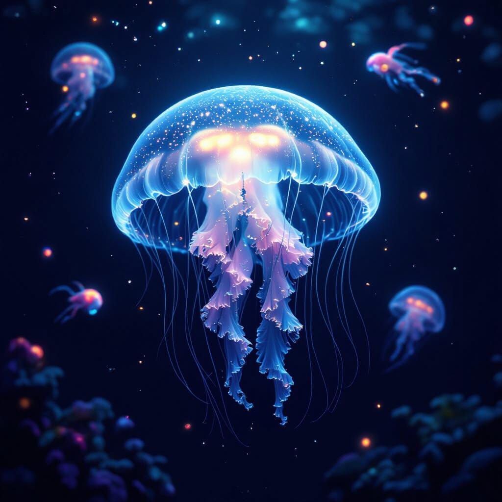 Bioluminescent Jellyfish in Deep Ocean, Hyperrealistic Style
