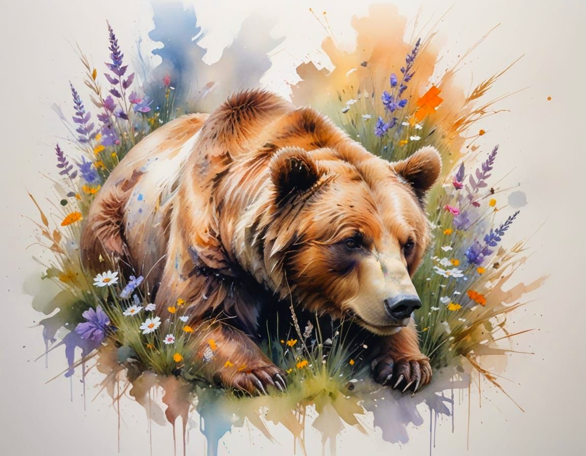 Content Grizzly Bear Rests in Wildflower Meadow