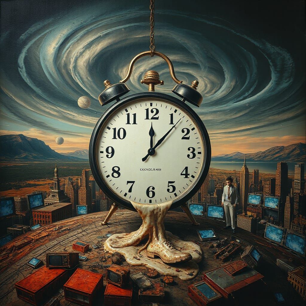 Surreal Melting Clock in Fractured Digital Landscape