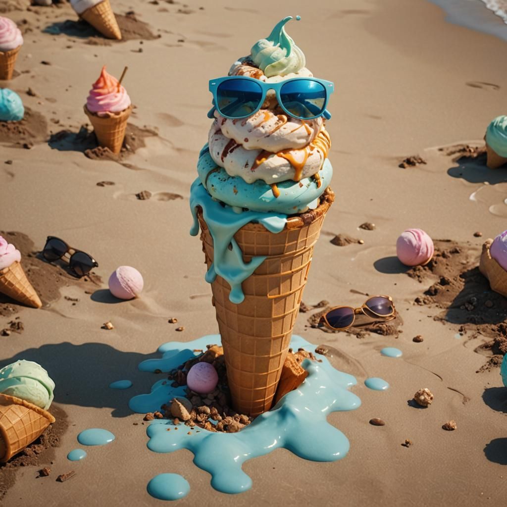 Giant Melting Ice Cream Cone on a Beach